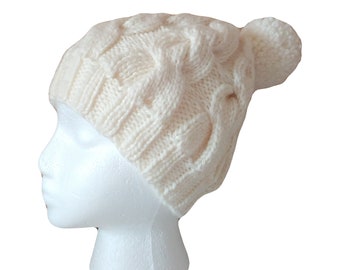 White merino hat with cables and pompom, hand knit, ultra soft
