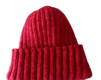 Hand knit, soft, red merino wool beanie, fits small to large heads, unisex watch cap