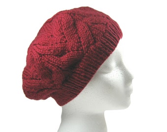 Garnet red hat hand knit with Superwash merino wool, size large