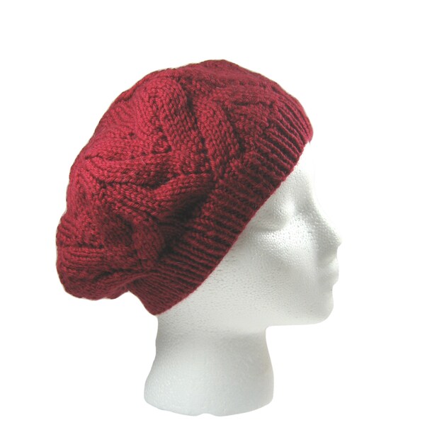 Garnet red hat hand knit with Superwash merino wool, size large