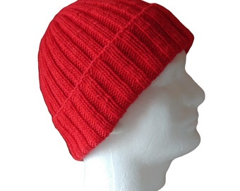 Red merino wool beanie, hand knit, soft,  unisex watch cap. fits small to large heads