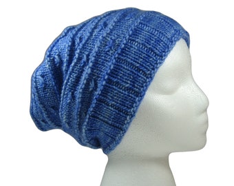 Slouchy merino hat, blue wool toque, kettle dyed merino, hand knit hat, medium blue hat, slouchy wool toque,  blue knit beanie, pure merino