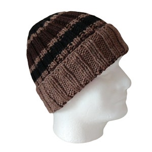 Striped merino hat in 3 manly colors, size small, hand knit with chunky yarn.