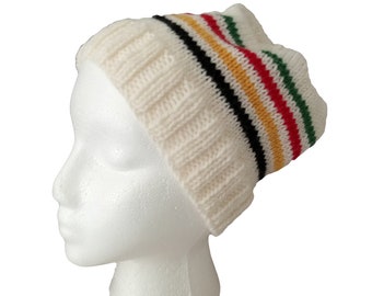 All wool, white beanie with HBC colored stripes, hand knit