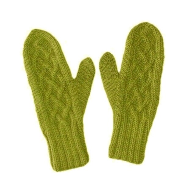 Green merino mittens in size small with a cabled pattern. Warm and very soft.