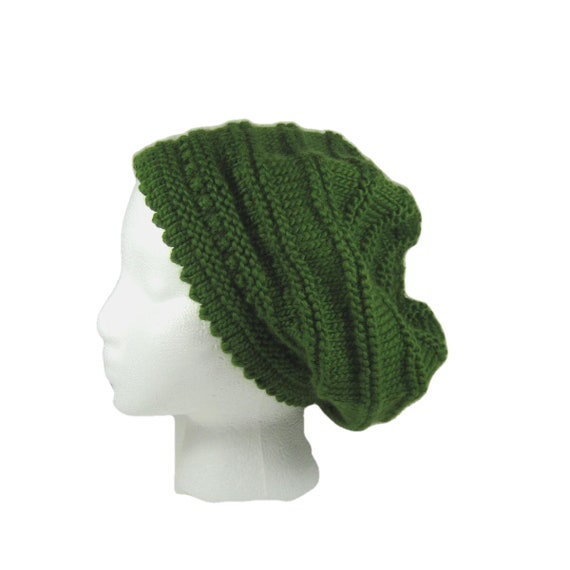 Slouchy Green Hat Eyelet Brim With Picot Edge Merino Wool Hand Knit Beanie Wool Toque Eco Friendly Fits Most Very Soft And Warm