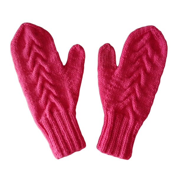 Bright pink mittens, merino wool, hand knit with a cable on the back. Soft and warm.