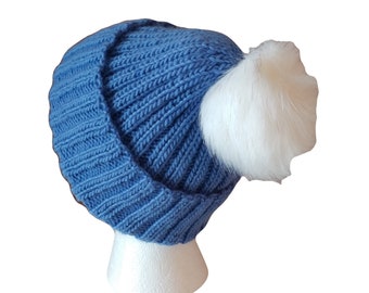 Medium blue beanie with faux fur pom-pom, all wool, hand knit, very warm and soft