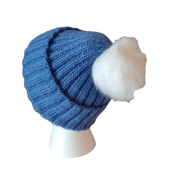 Hand Knit Wool Beanie: Medium Blue, Faux Fur Pom - Etsy display picture 3