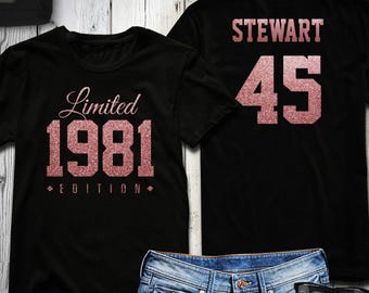 1981 Rose Gold Glitter Limited Edition Birthday T-Shirt 45th Custom Name Celebration Gift mens womens ladies Shirt Tee Shirt Personalized