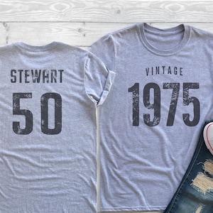 vintage 1975 gris sport / gris chiné anniversaire t-shirt 50e nom personnalisé cadeau de célébration hommes femmes dames t-shirt unisexe personnalisé
