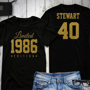 1986 Gold Glitter Limited Edition Birthday T-Shirt 40th Custom Name Celebration Gift mens womens ladies Shirt Tee Shirt Personalized