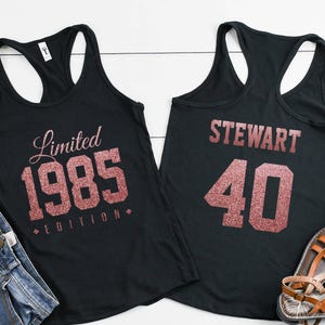1985 Rose Gold Glitter Limited Edition Birthday Tank top for 40 year old, Racerback, Personalized, For Her, Woman&#39;s Birthday Tank Top