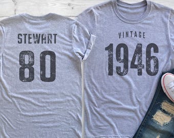 Vintage 1946 Sportgrå / Ljunggrå födelsedags-T-shirt 80-årsjubileum Anpassat namn Firande Gåva Herr Dam Dam T-shirt Unisex Personlig