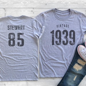 Vintage 1939 Sport Gray / Heather Gray Birthday T-Shirt 85th Custom Name Celebration Gift Mens womens ladies Tshirt Unisex Personalized