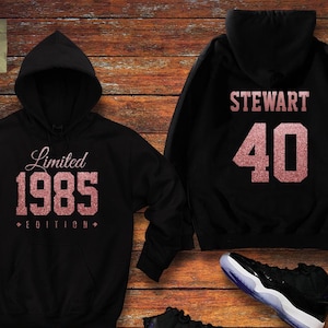 1985 Rose Gold Glitter Edycja limitowana Urodziny Bluza z kapturem 40. Niestandardowe imię Prezent na uroczystość męska damska bluza z kapturem sweter Spersonalizowany