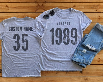 Vintage 1989 Sport Gray / Heather Gray Birthday T-Shirt 35th Custom Name Celebration Gift Mens womens ladies Tshirt Unisex Personalized