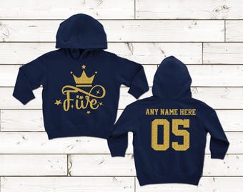 Five Year Old Bday Gold Hoodie Turning 5 Birthday Celebration Hoodie Personalized Custom Name For Him or Her 5th Birthday Outfit Present