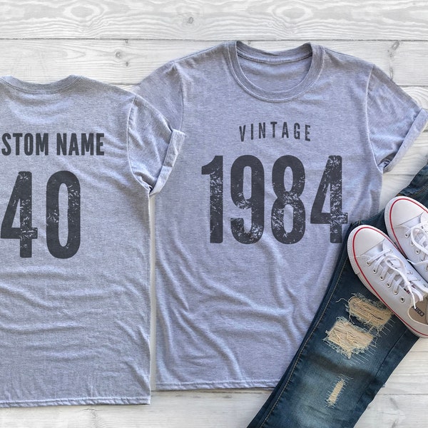 Vintage 1984 Sport Gray / Heather Gray Birthday T-Shirt 40th Custom Name Celebration Gift Mens womens ladies Tshirt Unisex Personalized