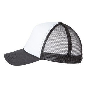 a black and white hat with a mesh back