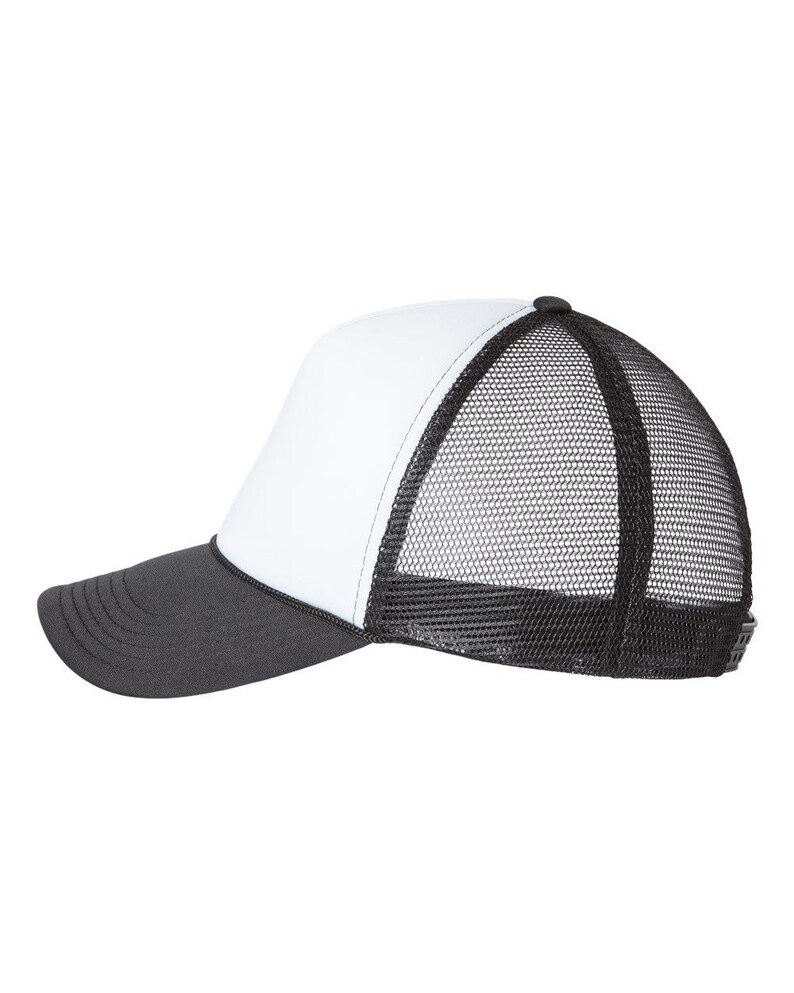 a black and white hat with a mesh back