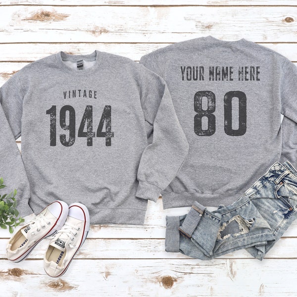 Vintage 1944 Sport Gray / Heather Gray Birthday Sweater, 80th Custom Name Celebration Gift, Mens Unisex & Youth Sweatshirt, Personalized