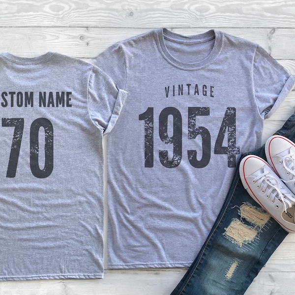 Vintage 1954 Sport Gray / Heather Gray Birthday T-Shirt 70th Custom Name Celebration Gift Mens womens ladies Tshirt Unisex Personalized