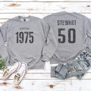 Vintage 1974 Sport Gray / Heather Gray Birthday Sweater, 50th Custom Name Celebration Gift, Mens Unisex & Youth Sweatshirt, Personalized