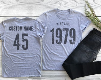 Vintage 1979 Sport Gray / Heather Gray Birthday T-Shirt 45th Custom Name Celebration Gift Mens womens ladies Tshirt Unisex Personalized