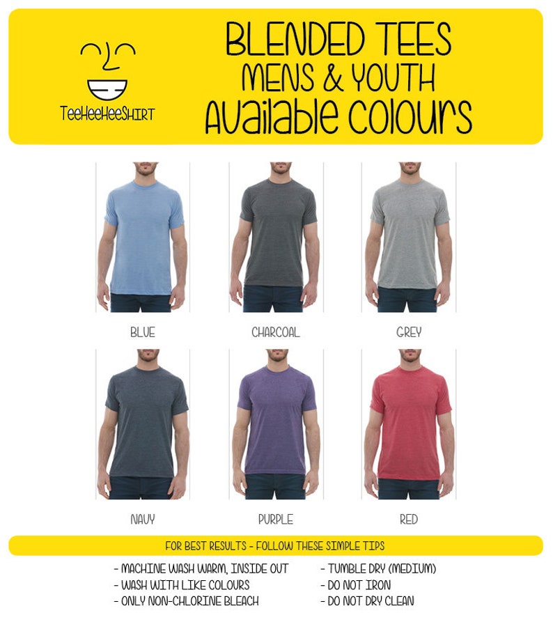 Pode incluir: Um gr&aacute;fico que mostra as cores dispon&iacute;veis para camisetas misturadas para homens e jovens. As cores s&atilde;o azul, carv&atilde;o, cinza, azul marinho, roxo e vermelho. O texto "Para obter os melhores resultados - siga estas dicas simples" est&aacute; na parte inferior do gr&aacute;fico. As dicas s&atilde;o: Lavar na m&aacute;quina com &aacute;gua morna, do avesso, lavar com cores semelhantes, usar apenas alvejante sem cloro, secar na m&aacute;quina em temperatura m&eacute;dia, n&atilde;o passar a ferro, n&atilde;o limpar a seco.