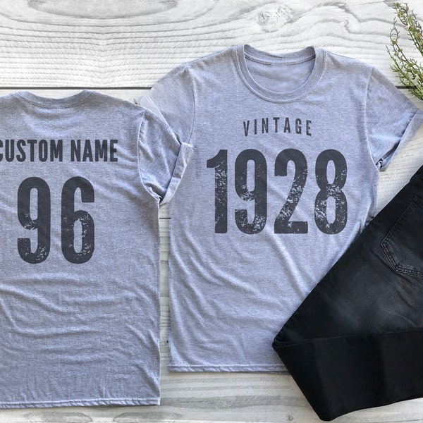 Vintage 1928 Sport Gray / Heather Gray Birthday T-Shirt 96th Custom Name Celebration Gift Mens womens ladies Tshirt Unisex Personalized