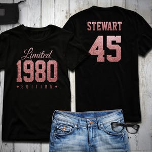 1980 Rose Gold Glitter Limited Edition Birthday T-Shirt 45th Custom Name Celebration Gift mens womens ladies Shirt Tee Shirt Personalized