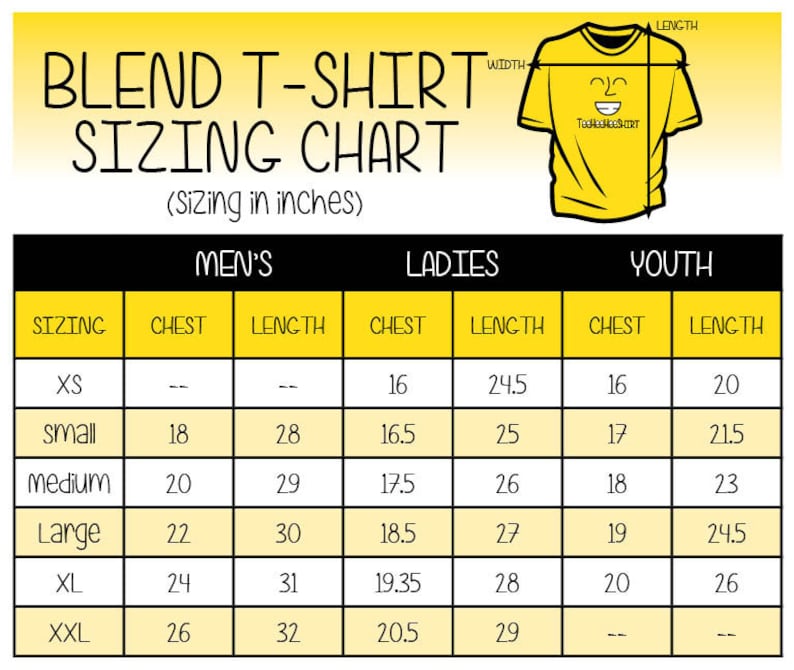 Pode incluir: Um gr&aacute;fico amarelo e preto com o texto "BLEND T-SHIRT SIZING CHART (Sizing in inches)" no topo. O gr&aacute;fico mostra o tamanho das camisetas para homens, mulheres e jovens em polegadas. O gr&aacute;fico inclui os seguintes tamanhos: XS, S, M, L, XL e XXL.