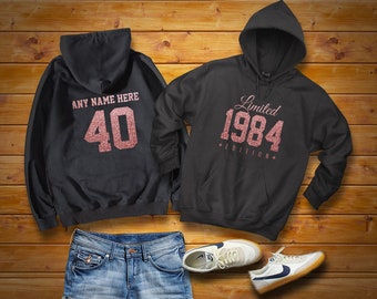 1984 Rose Gold Glitter Limited Edition Birthday Hoodie 40th Custom Name Celebration Gift mens womens hooded sweatshirt sweater Personalized
