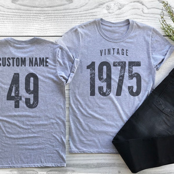 Vintage 1975 Sport Gray / Heather Gray Birthday T-Shirt 49th Custom Name Celebration Gift Mens womens ladies Tshirt Unisex Personalized