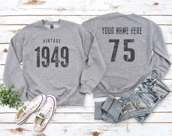 Vintage 1949 Sport Gray / Heather Gray Birthday Sweater, 75th Custom Name Celebration Gift, Mens Unisex & Youth Sweatshirt, Personalized