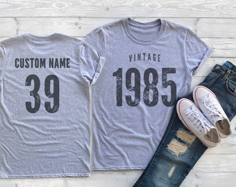 Vintage 1985 Sport Gray / Heather Gray Birthday T-Shirt 39th Custom Name Celebration Gift Mens womens ladies Tshirt Unisex Personalized