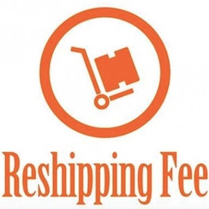 May include: Orange circle with a white outline containing a stylized orange hand truck with a box on top. The text "Reshipping Fee" is below the circle.