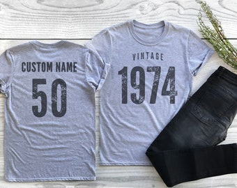 Vintage 1974 Sport Gray / Heather Gray Birthday T-Shirt 50th Custom Name Celebration Gift Mens womens ladies Tshirt Unisex Personalized