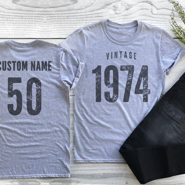 Vintage 1974 Sport Gray / Heather Gray Birthday T-Shirt 50th Custom Name Celebration Gift Mens womens ladies Tshirt Unisex Personalized