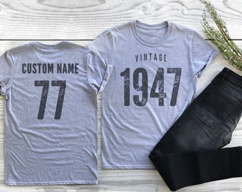 Vintage 1947 Sport Gray / Heather Gray Birthday T-Shirt 77th Custom Name Celebration Gift Mens womens ladies Tshirt Unisex Personalized