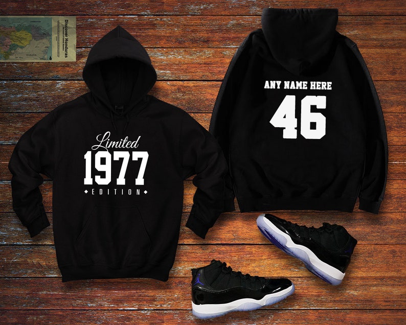 1977 Limited Edition Birthday Hoodie 46th Custom Name Celebration Gift mens womens ladies hooded sweatshirt sweater Unisex Personalized image 1