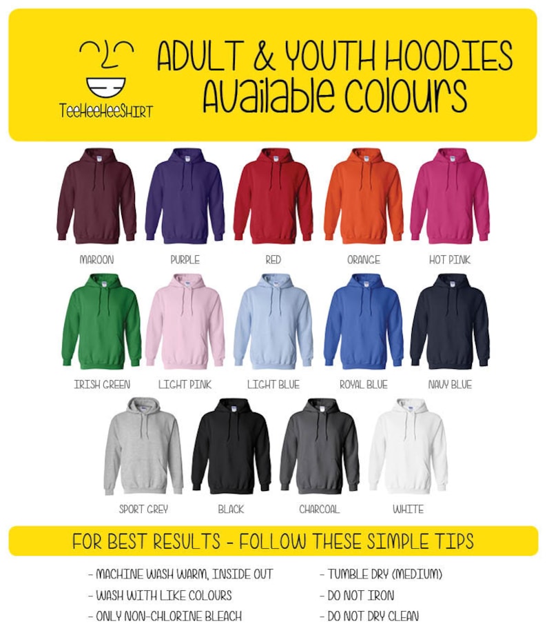 May include: A chart showing the available colours for adult and youth hoodies. The colours include maroon, purple, red, orange, hot pink, Irish green, light pink, light blue, royal blue, navy blue, sport grey, black, charcoal, and white.