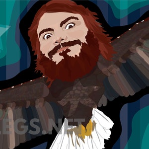 May include: A digital illustration of a man with a red beard and red hair, with the head of an eagle, flying against a blue and green background with white stars.