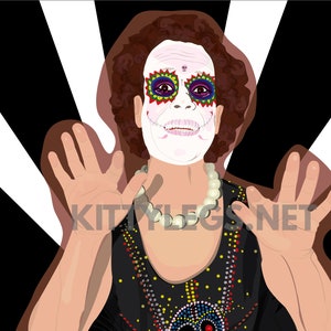 May include: A person wearing a black dress with a skull design and a pearl necklace. The person has a white face with a sugar skull makeup design. The background is black and white stripes. The text "Farewell to Fat" is written in pink and green letters at the bottom of the image.