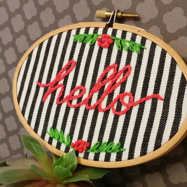 Bright Stripe Hello. 3.5x5 inch Handmade Oval Embroidered Hoop Art. Ready to ship. Hand Embroidery. Home Decor. Gifts under 25.