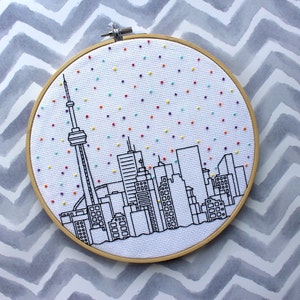 Hello Toronto Cross Stitch Pattern. Confetti City Skyline. Cityscape. Digital PDF Pattern. CN Tower. Blue Jays. Raptors. Maple Leafs. image 2