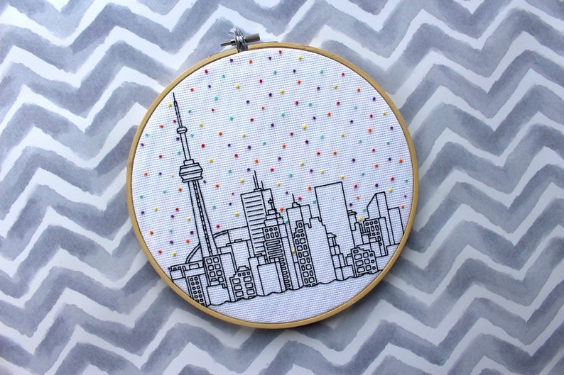 Hello Toronto Cross Stitch Pattern. Confetti City Skyline. Cityscape. Digital PDF Pattern. CN Tower. Blue Jays. Raptors. Maple Leafs. image 2