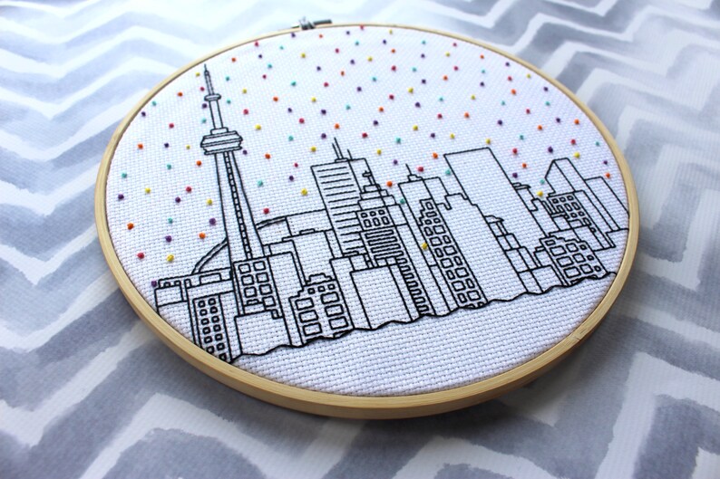 Hello Toronto Cross Stitch Pattern. Confetti City Skyline. Cityscape. Digital PDF Pattern. CN Tower. Blue Jays. Raptors. Maple Leafs. image 4