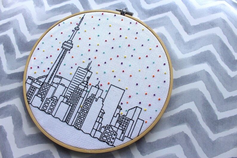 Hello Toronto Cross Stitch Pattern. Confetti City Skyline. Cityscape. Digital PDF Pattern. CN Tower. Blue Jays. Raptors. Maple Leafs. image 3